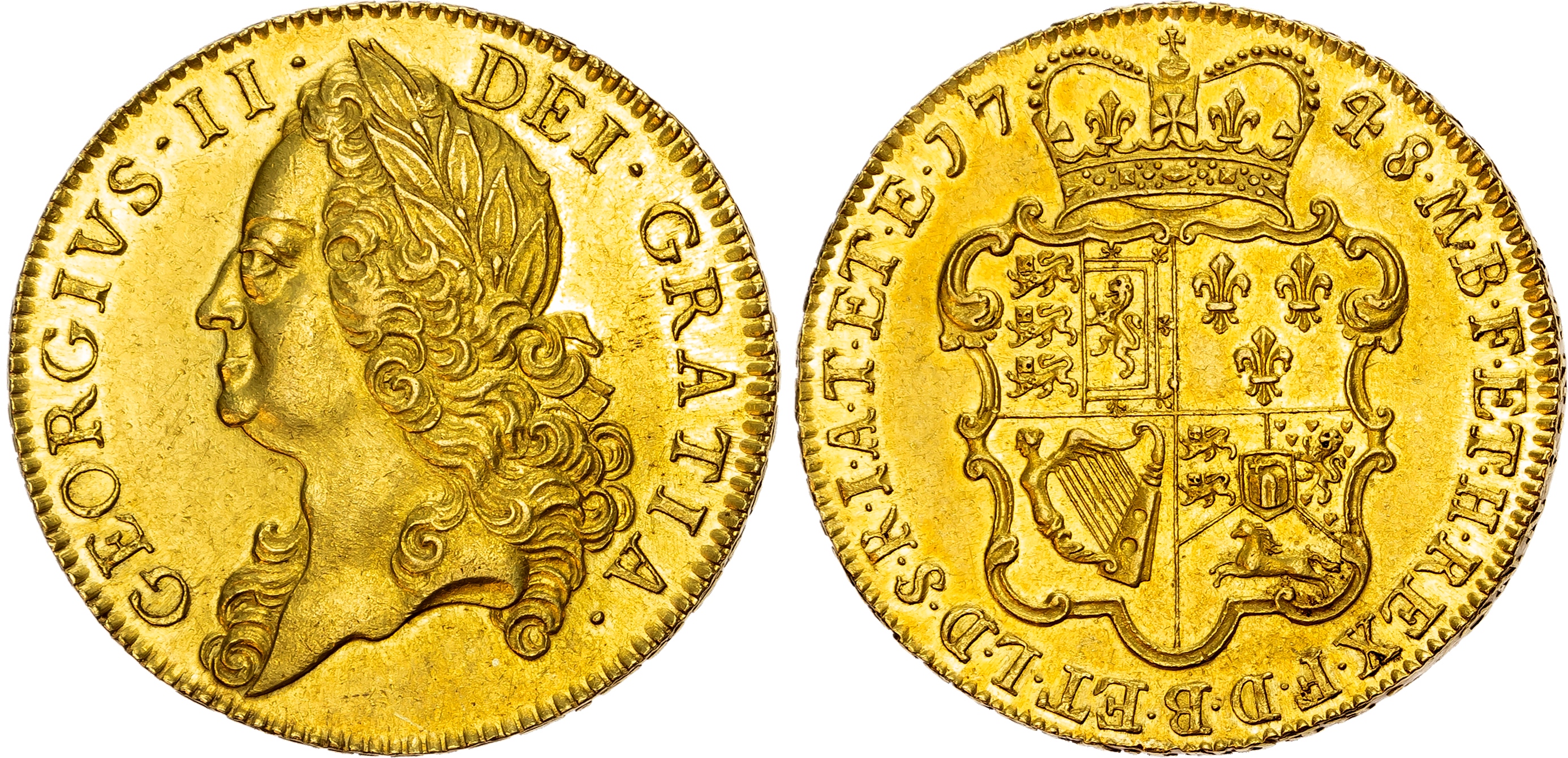 George II (1727-1760), ‘Old Head’ Five-Guineas, 1748 VICESIMO SECVNDO, Second older laureate head left, rev. crowned gar…