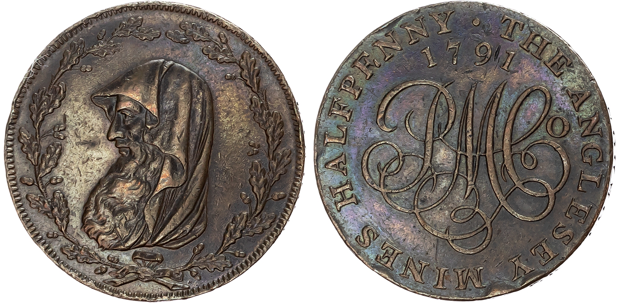Ang . Amlwch , Parys Mines Co. Halfpenny 1791, Cowled druids head left within thin oaken wreath with 18 acorns, rev . PM …