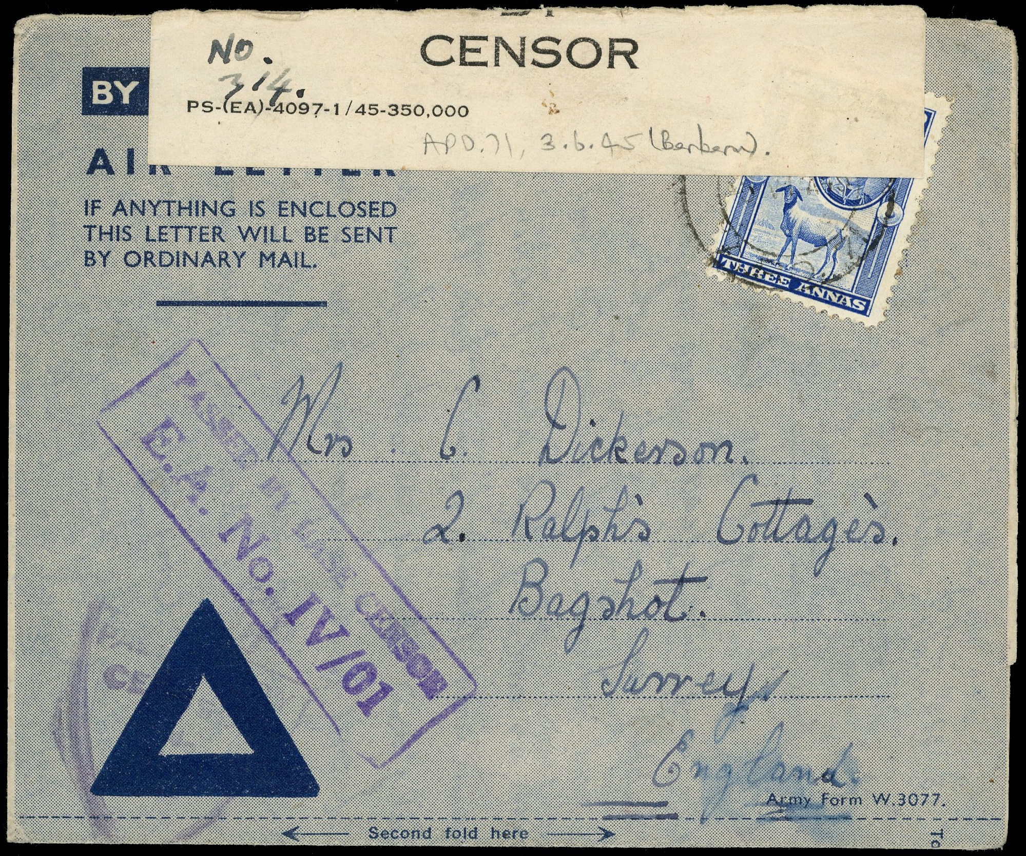 Somaliland 1945 censored air letter