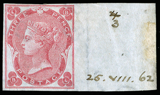 Great Britain 1862 3d Rose Pl.3 (With white dots). Superb unused o.g. right hand marginal imperforate imprimatur e…