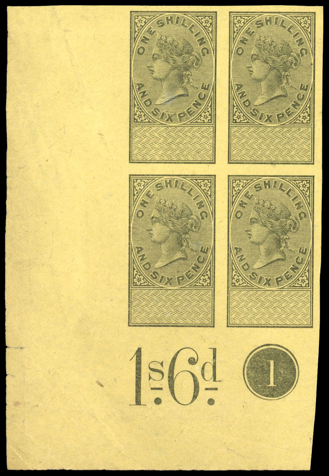GB Unappropriated Dies c1872 1s6d plate proof block on yellow paper