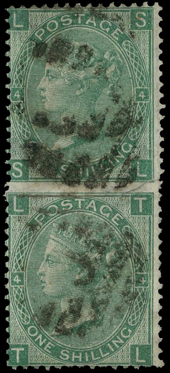 1865 1s Green Pl.4 (Wmk. Emblems). Fine used imperf between vertical pair lettered SL-TL, cancelled by indistinct London…