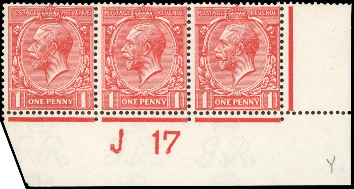 GB 1912-24 Royal Cypher 1d dull brick-red, mint unmounted o.g. control J17 strip of three in a most distinctive dull shade