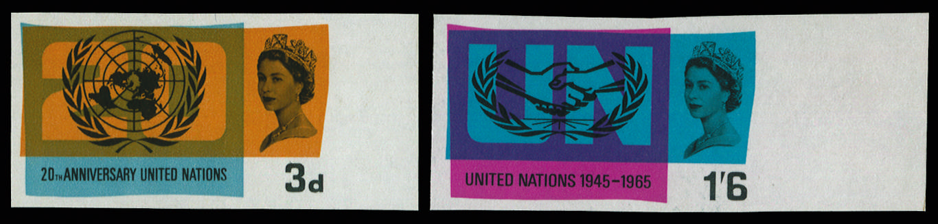 GB 1965 3d-1s6d 20th Anniversary of U.N.O. (Ordinary). Superb unmounted o.g. right hand marginal set … SG681/2var