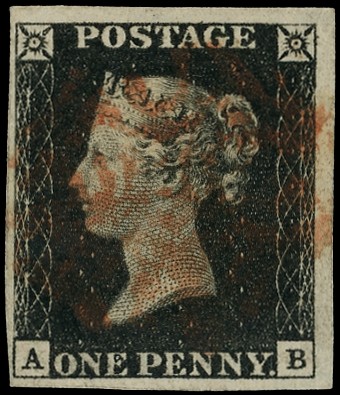 1840 1d black plate 1b (AB), close l/l still four margins, cancelled with red...