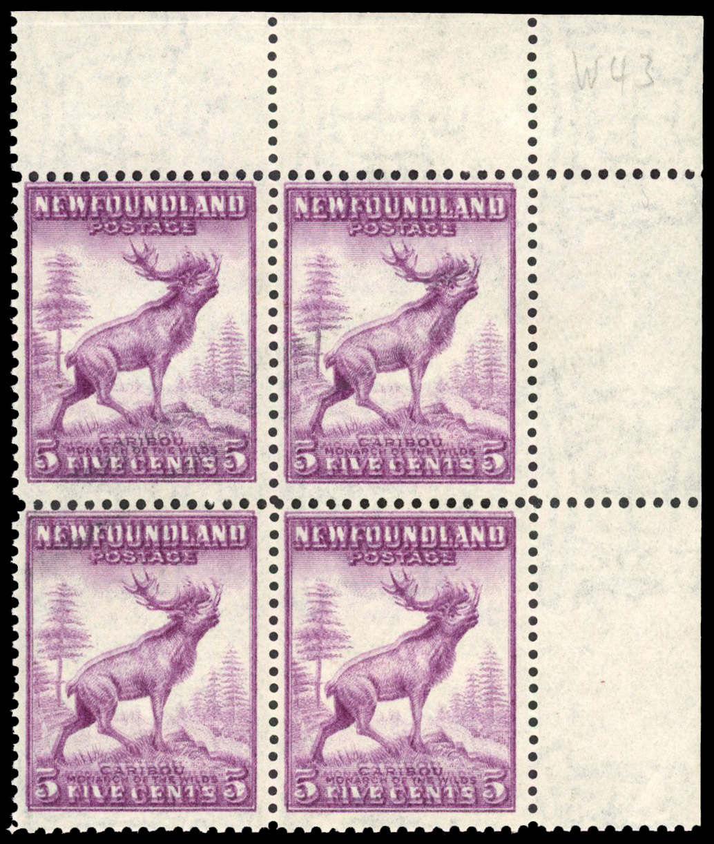 1941-4 Second Resources 5c violet, perf 12½, top right corner block of four. variety ‘PRINTED DOUBLE’