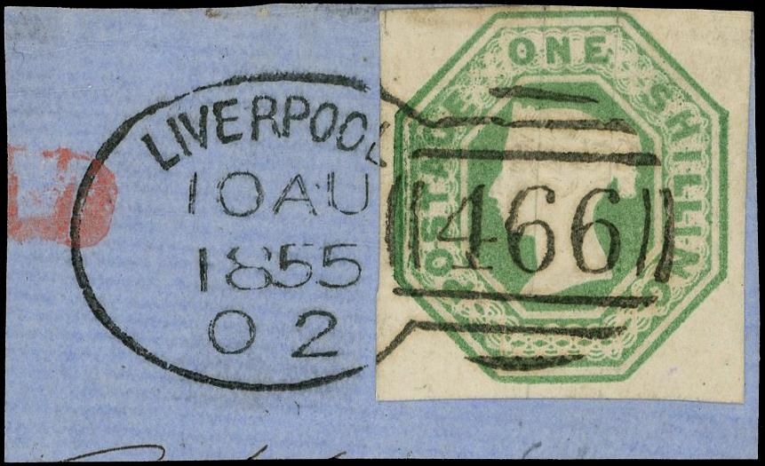 1854 1s Green (Die W.W.2). Spoon cancellation on piece.