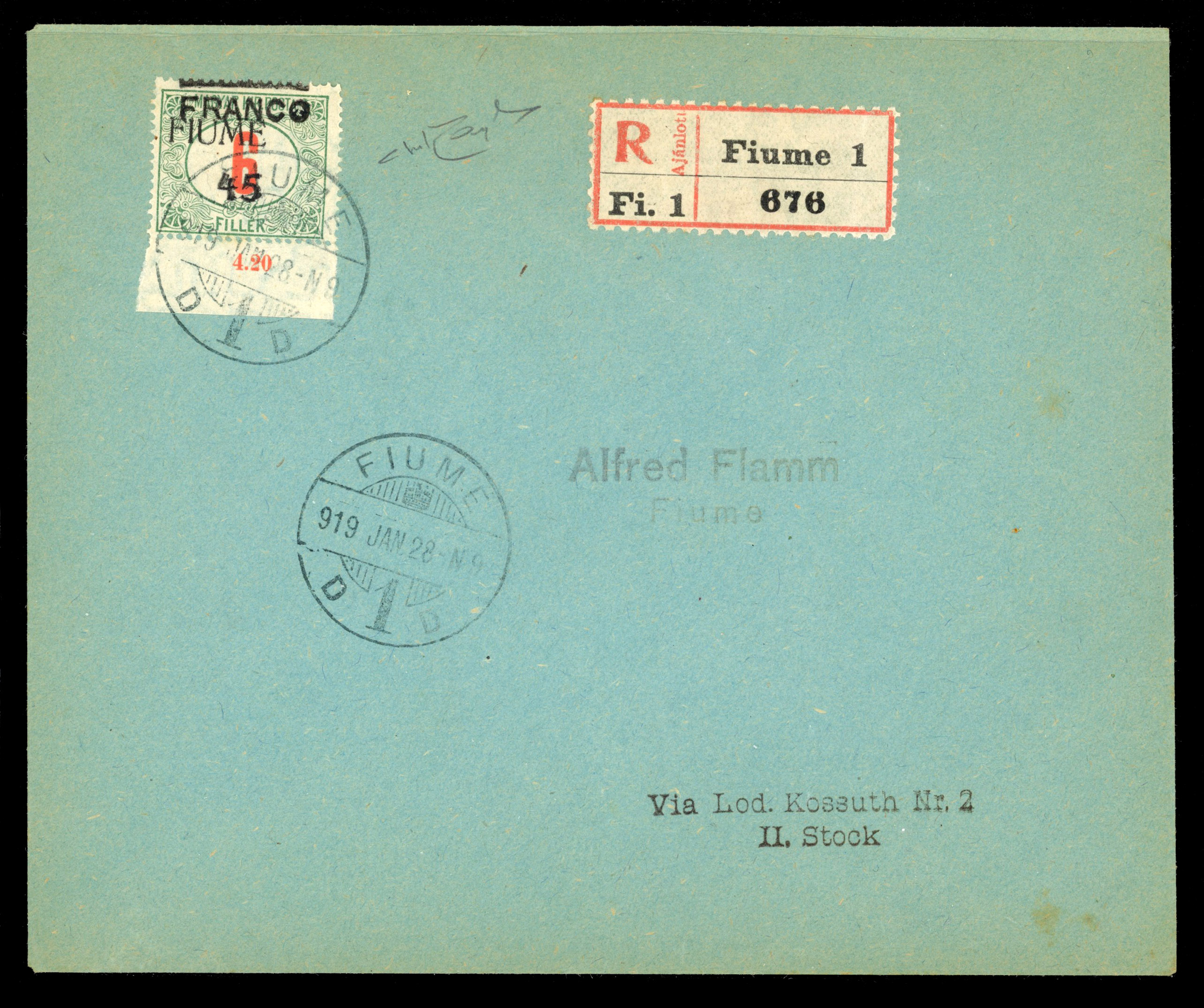 Fiume 1928 registered cover surcharged Postage Due double FRANCO