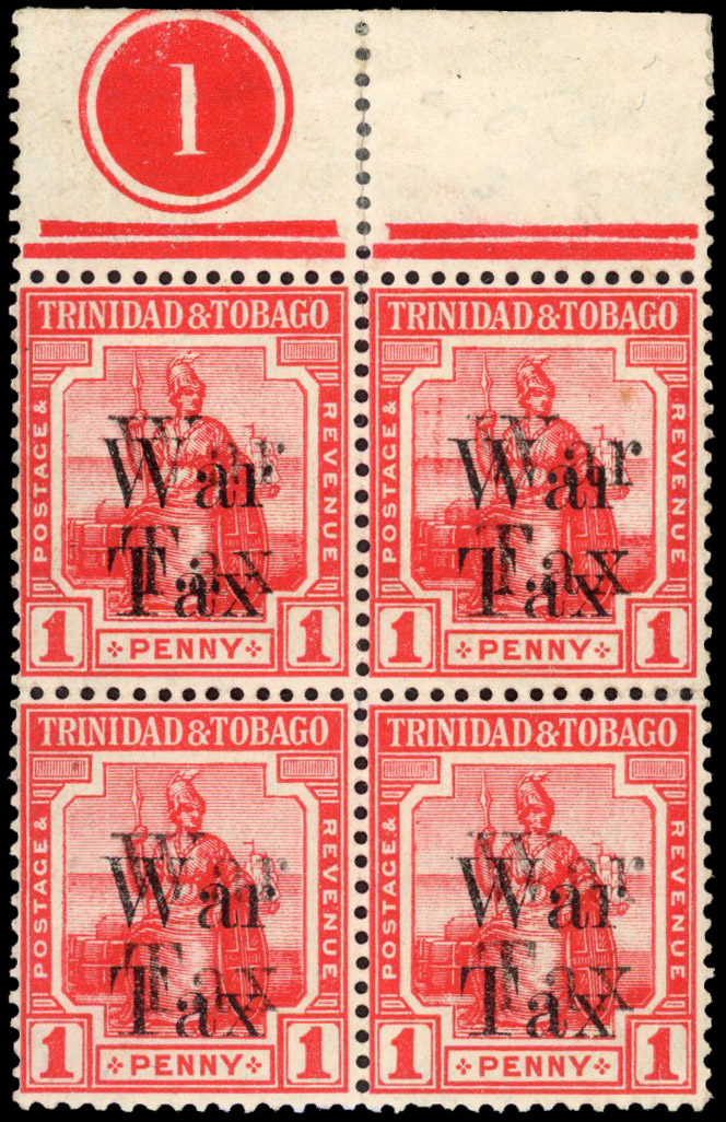 Trinidad and Tobago 1918 1d scarlet plate block of 4 error overprint double