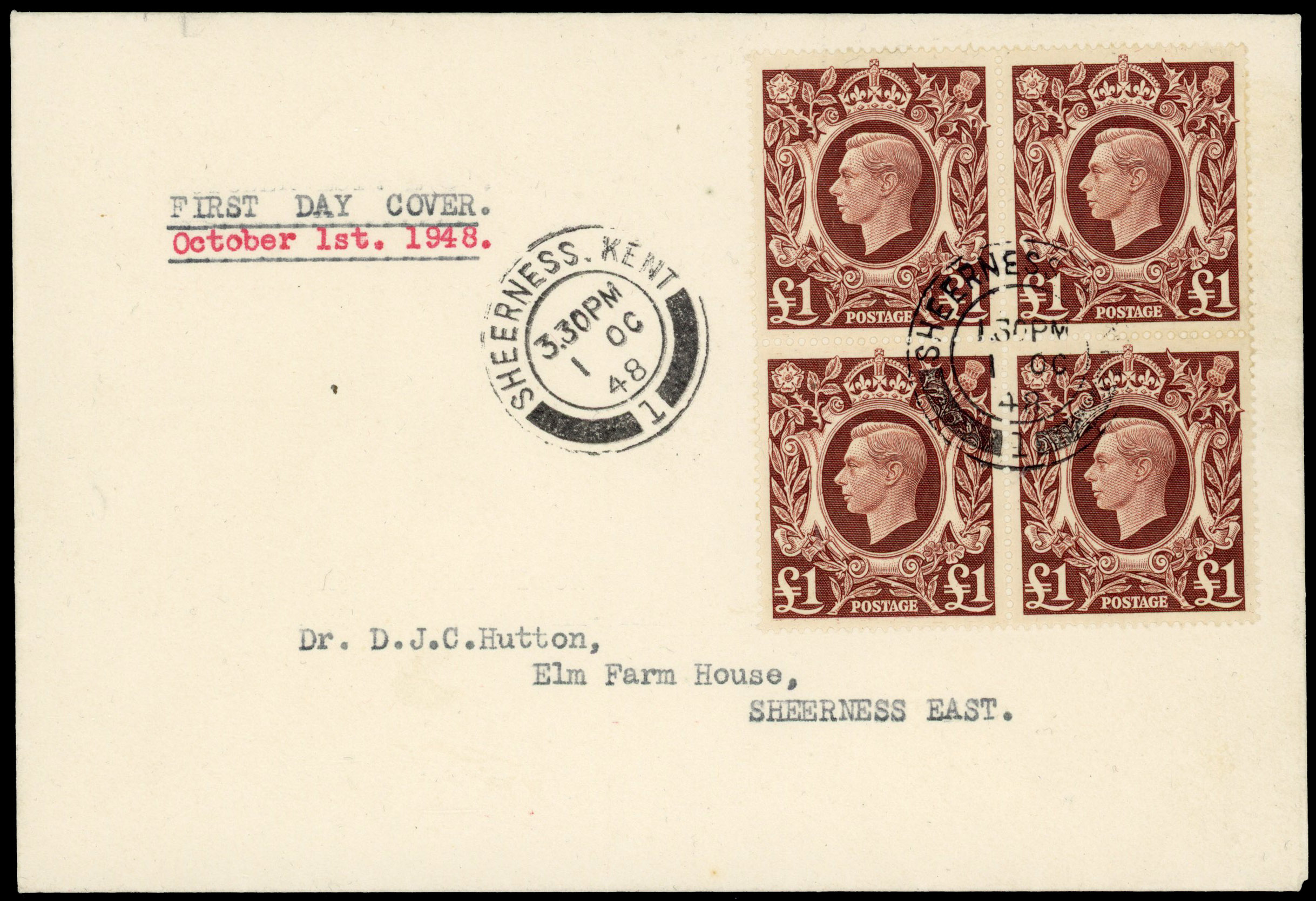 1948 £1 Brown "Arms" High Value. Superb envelope sent locally block 4