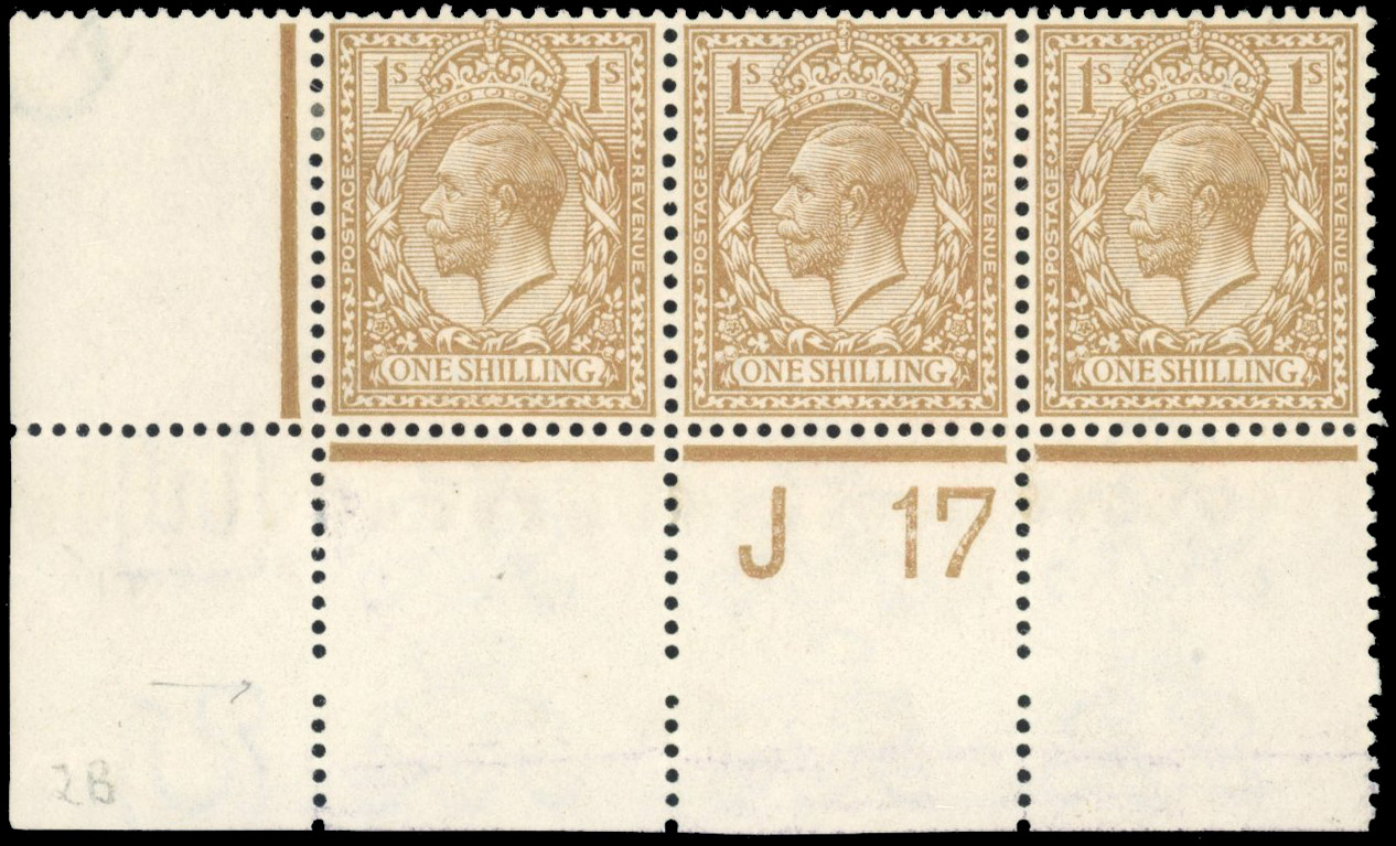 GB 1912-24 Royal Cypher 1s fawn-brown control J17 strip of three