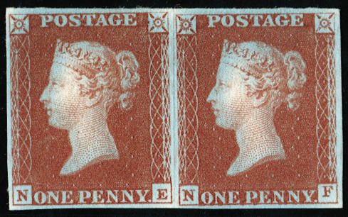 GB SG 16 1841 1d red-brown pair, Dickinson silk-thread paper trial