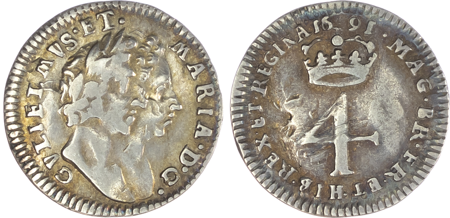 William and Mary (1689-94), Maundy Set, 1691, Fourpence, Threepence, Twopence and Penny, conjoined busts right, legend reads