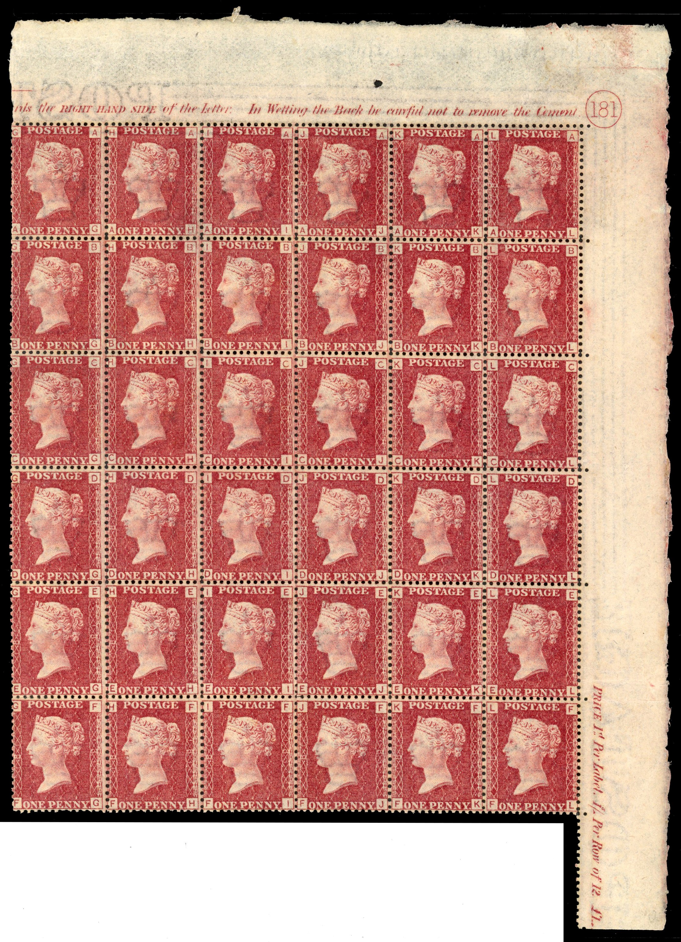 Great Britain SG 43 Plate 181 marginal block of 36 