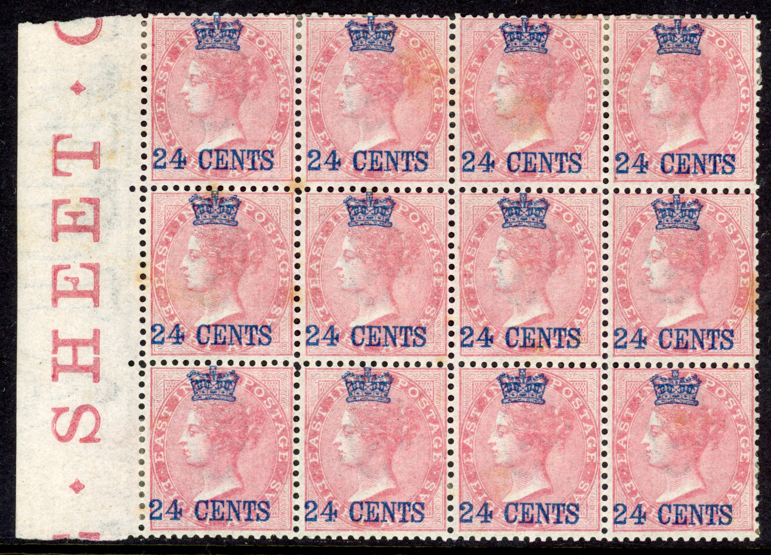 Straits Settlements SG 8 1867 24c on 8c rose block of 12