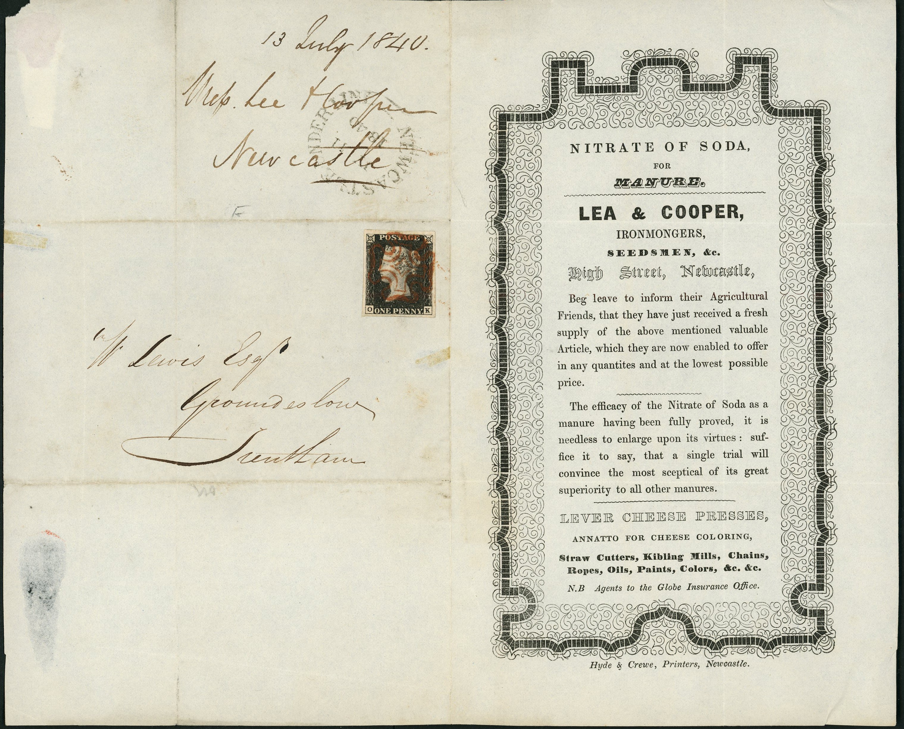 1840 1d Black Pl.4. printed advertisement wrapper