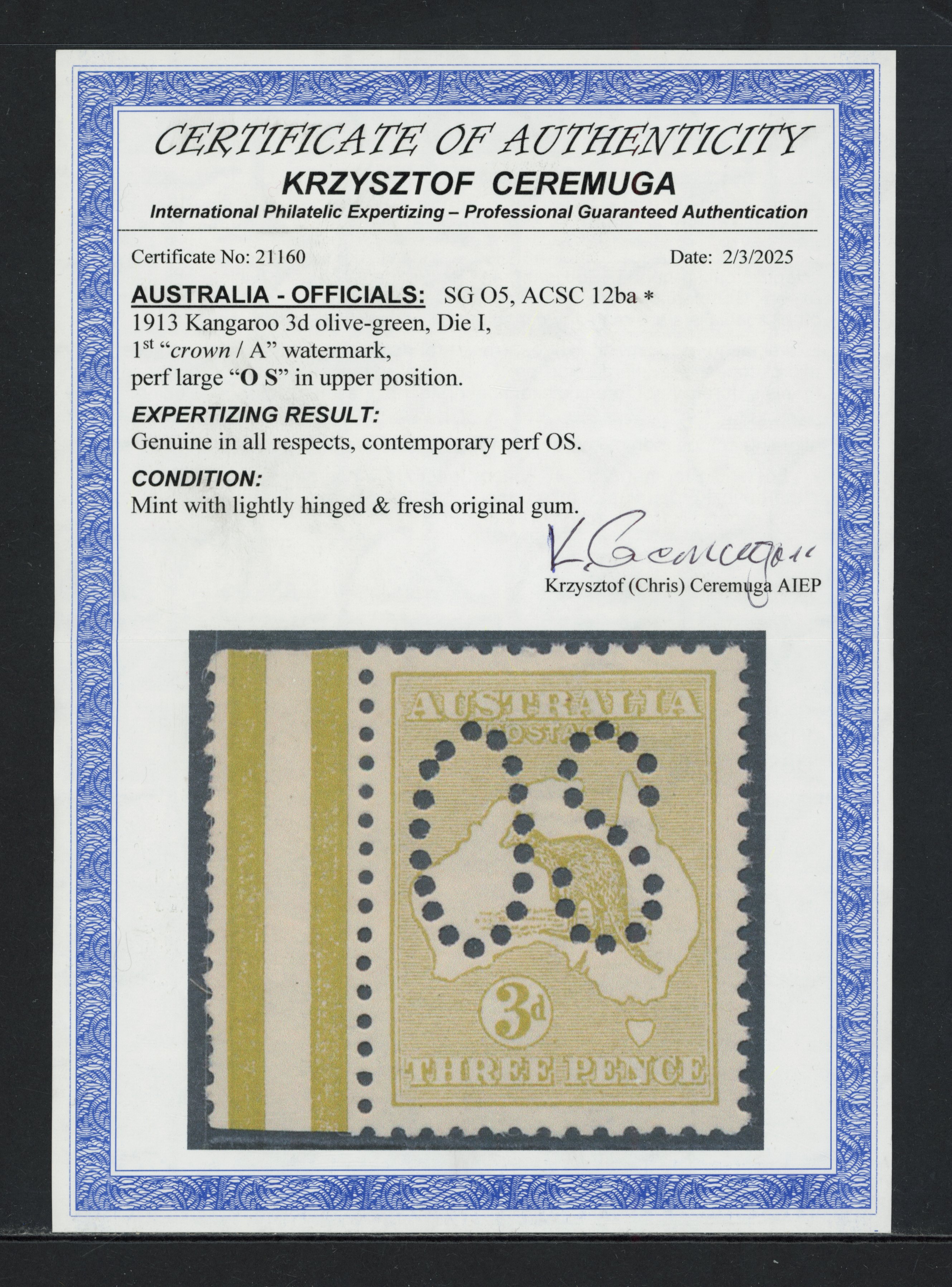 Australia 1913 official 3d olive die I