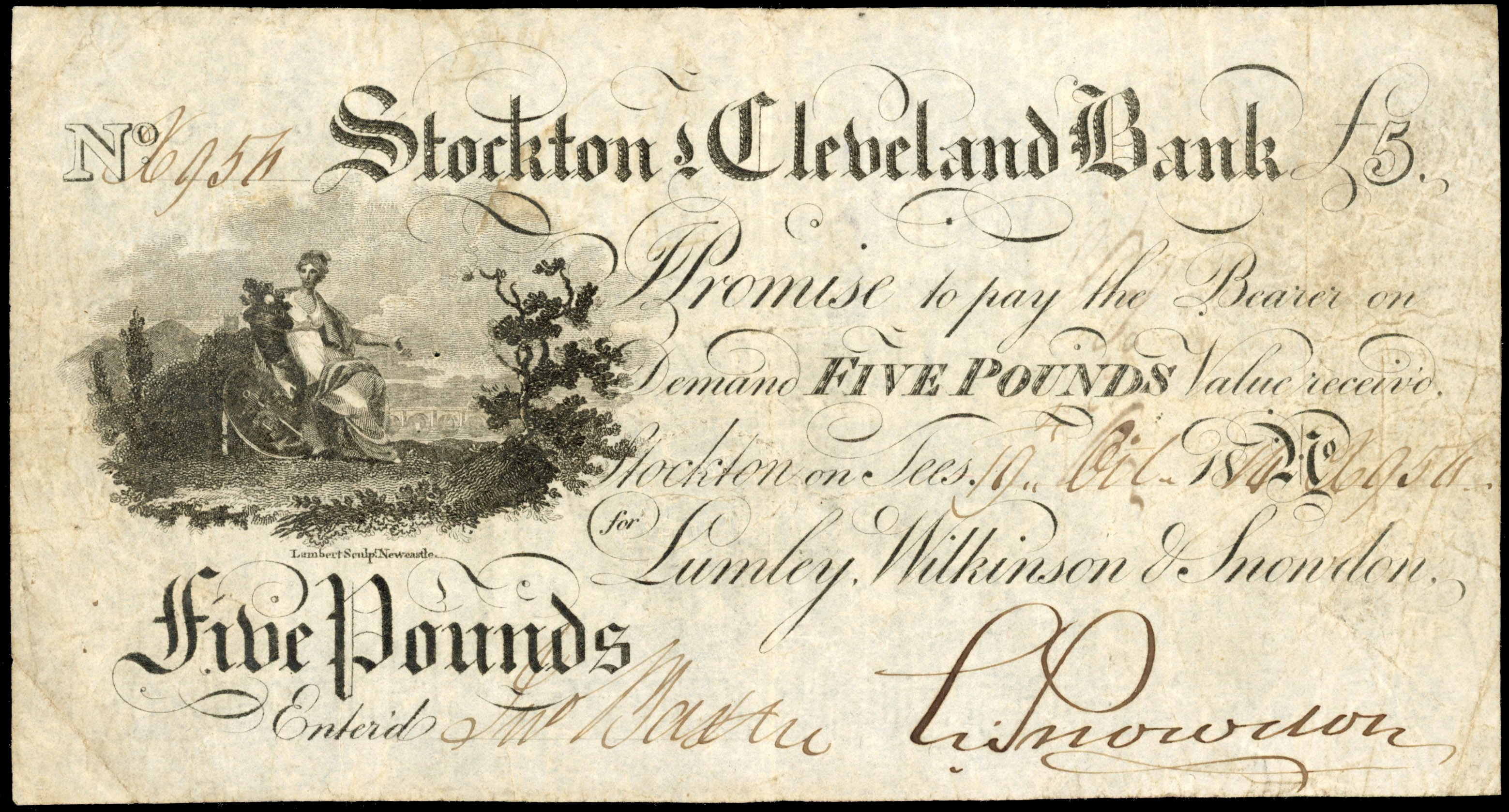 STOCKTON-ON-TEES, Stockton & Cleveland Bank, for Lumley, Wilkinson & Snowdon, £5.,19 October 1814, serial numb…