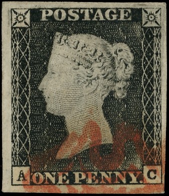 1840 1d black Plate 1a (AC) very worn, four close to large margins, cancelled by part red...