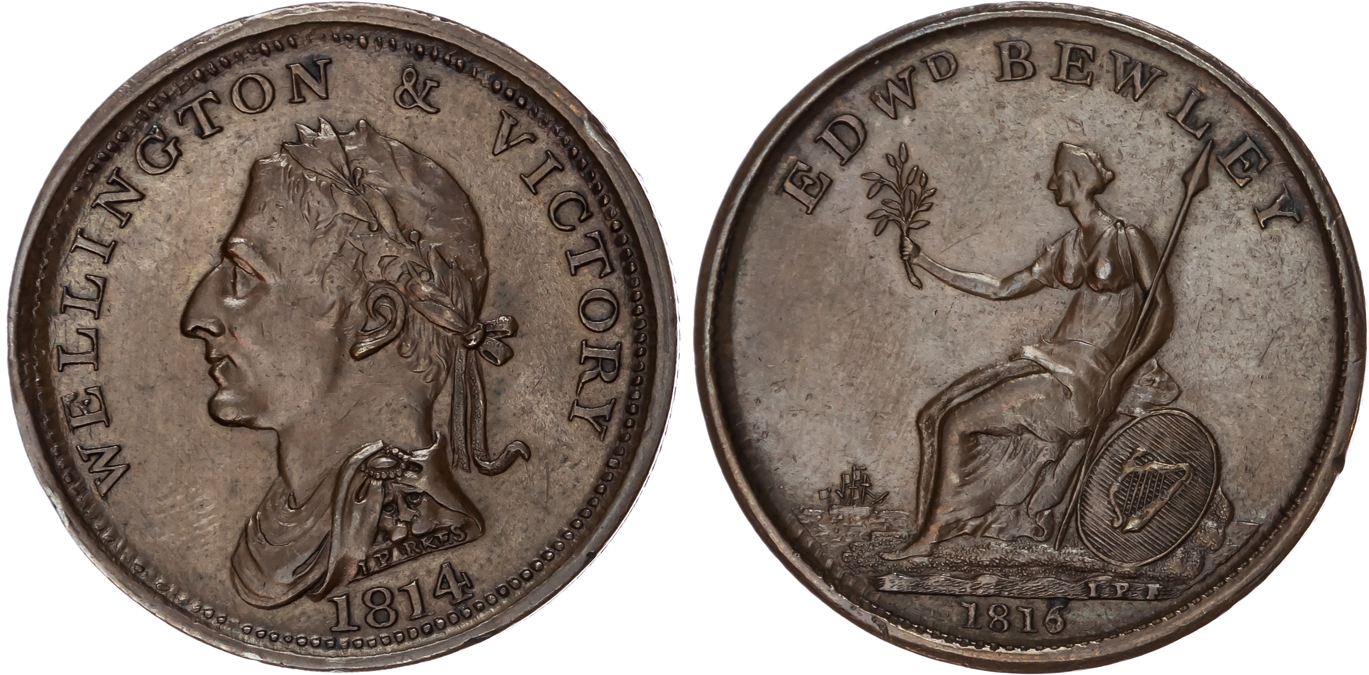 DUBLIN, Co. Dub. Edward Bewley (grocer) penny 1816, Bust left of the Duke of Wellington, rev. Hibernia seated …