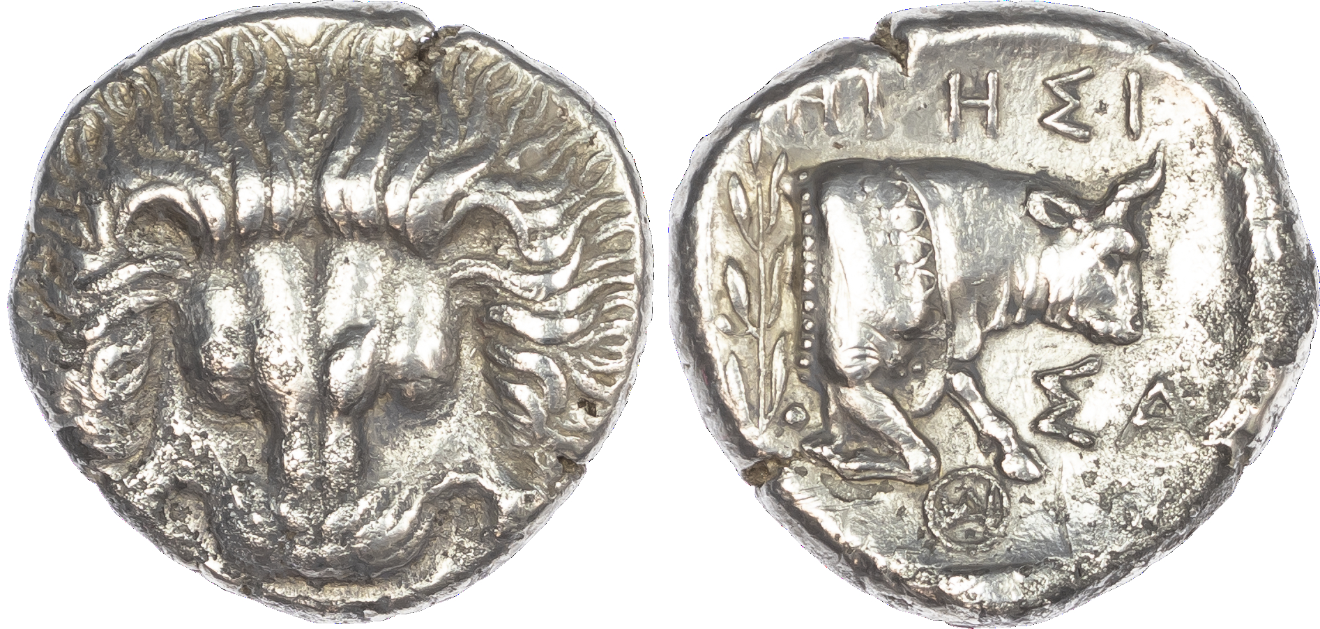 Islands off Ionia, Samos (c. 408/4-380/66 BC) AR Tetradrachm, 14.55g. Facing lion’s scalp. Rev. HΓHΣI, forepart of bull