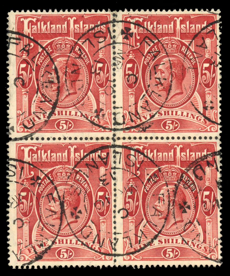 SG 67 1912 5/- rose-red block used