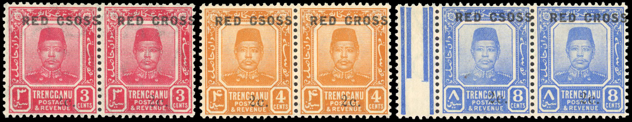 Trengganu 1917-18 Red Cross trio with CSOSS for CROSS variety