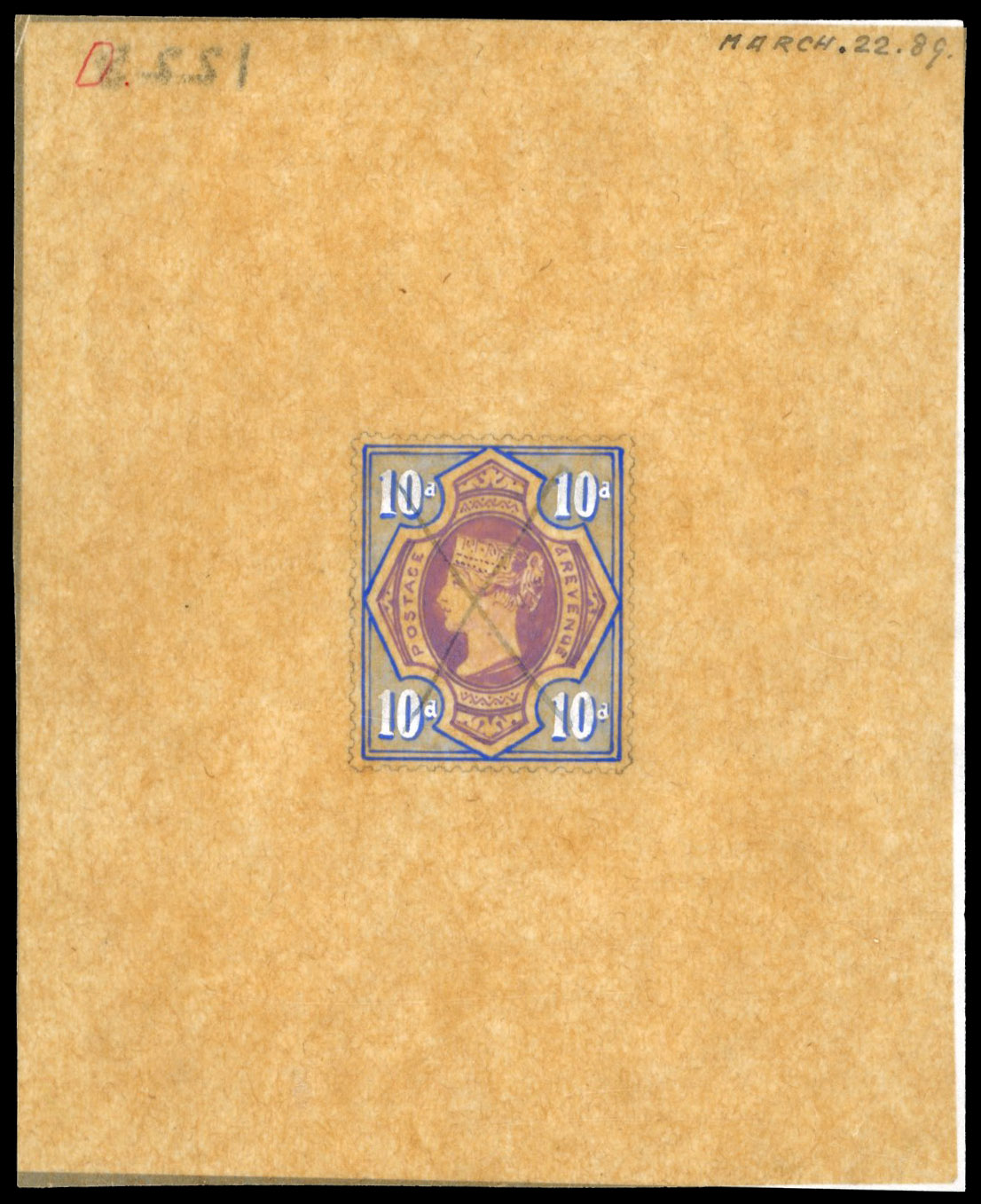 GB 1887-92 10d hand-painted essay for an unadopted design, For SG 210