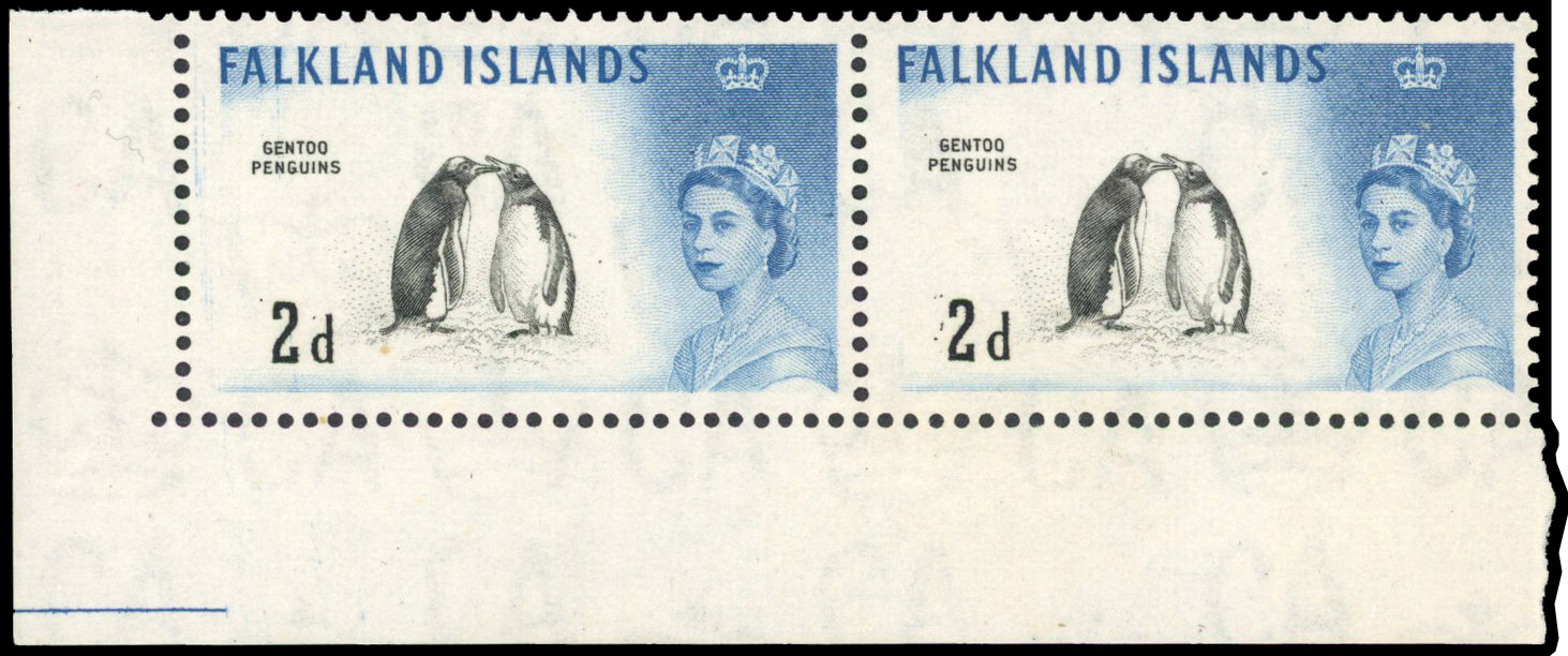 1960 Gentoo Penguins 2d black and blue, lower left marginal pair showing variety ‘PARTIAL DOUBLE OF BLACK PRINTING’