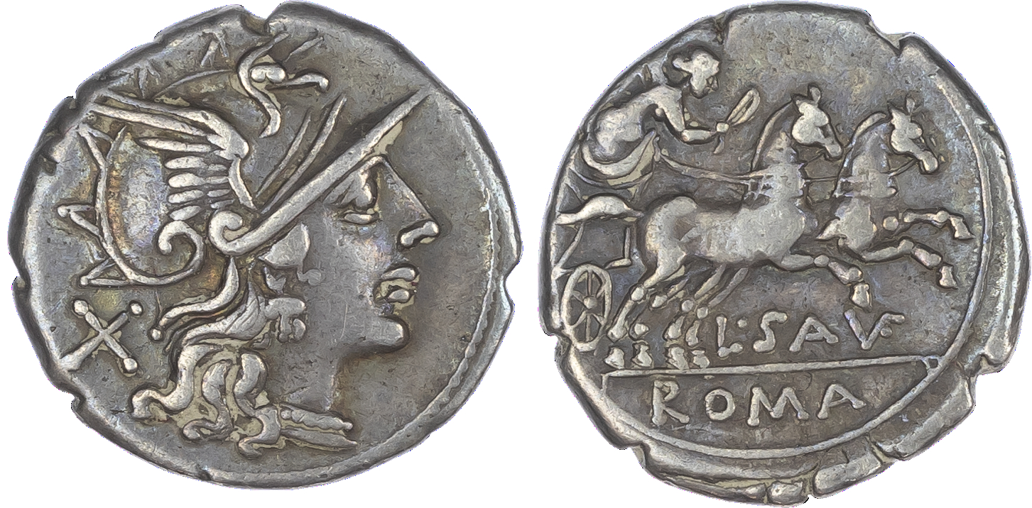 L. Saufeius (152 BC) AR Denarius, Rome, 3.85g. Helmeted head of Roma facing right, X (mark of value) behind. Rev. Victory