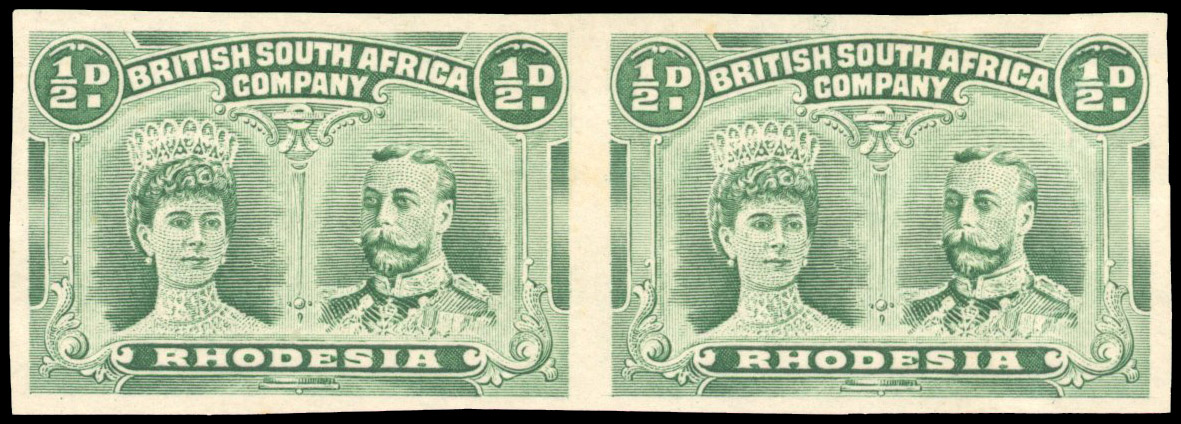 Rhodesia 1910-13 ½d bluish green imperf pair