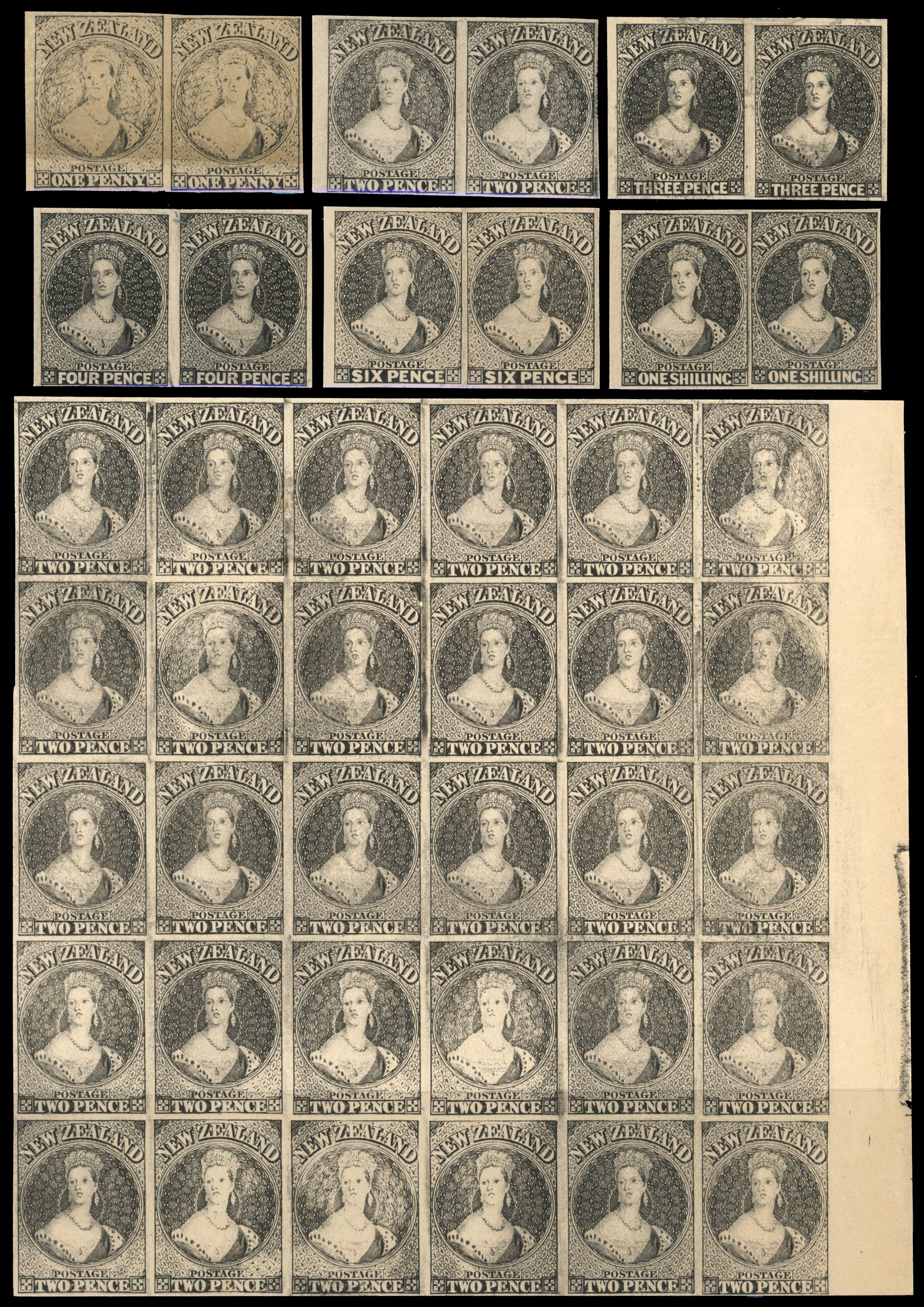 New Zealand QV to KGVI plate proof selection arranged on Hagner sheets