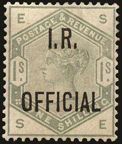 Great Britain 1885 1s Dull green (I.R. Official). Very fine and fresh unused large part o.g. example of this very …