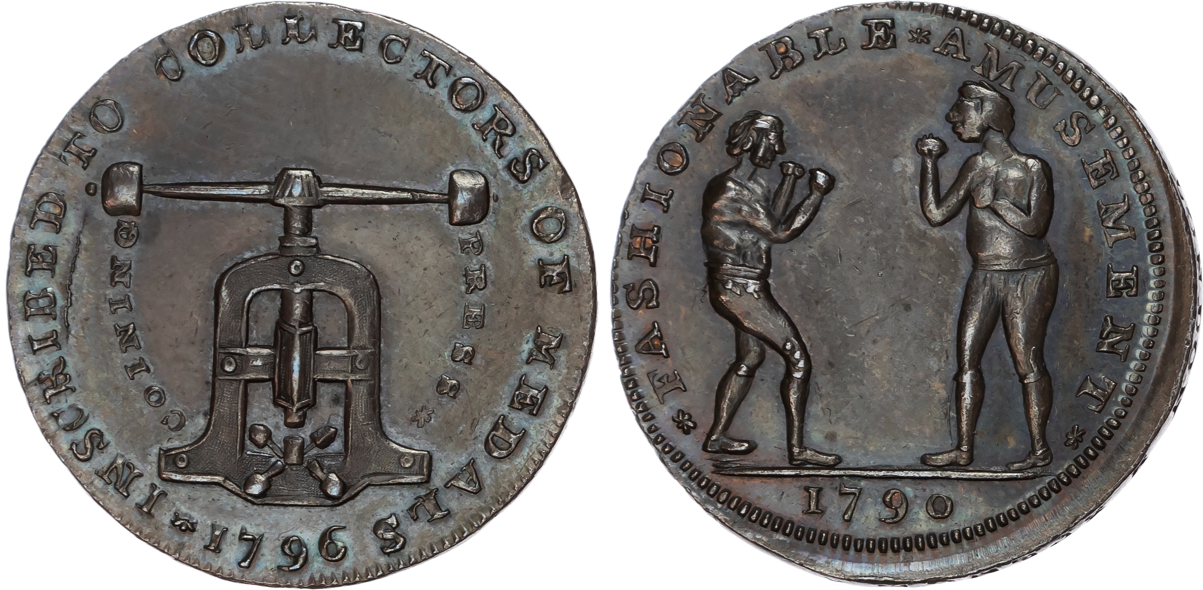 London , Holborn, Thomas Spence Halfpenny 1796, A screw press, rev. Two men boxing, edge `SPENCE DEALER x IN x…