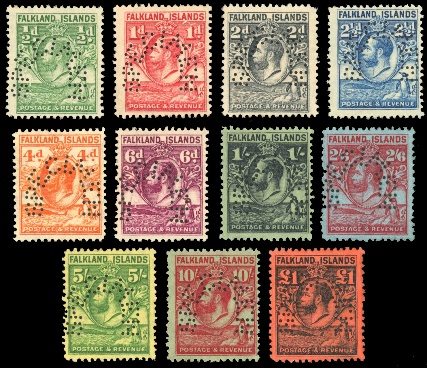Falkland Islands SG 116s-126s 1929 Whale and Penguin Specimen set