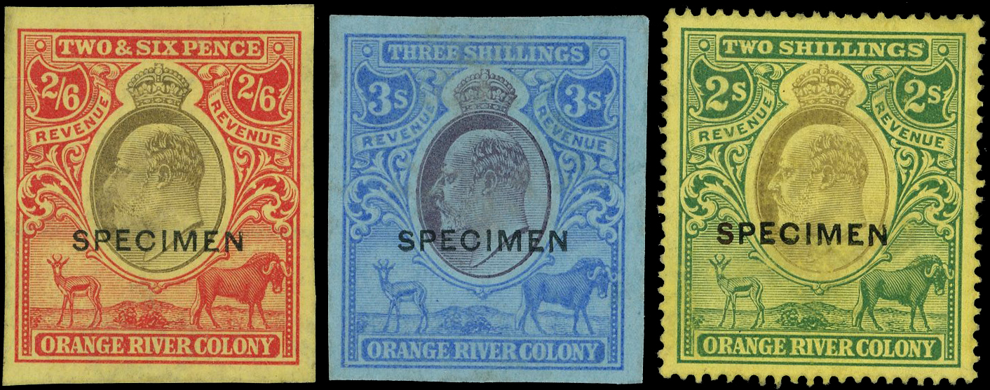 Orange River Colony 1905 2nd issue, Revenue Proofs specimen x3