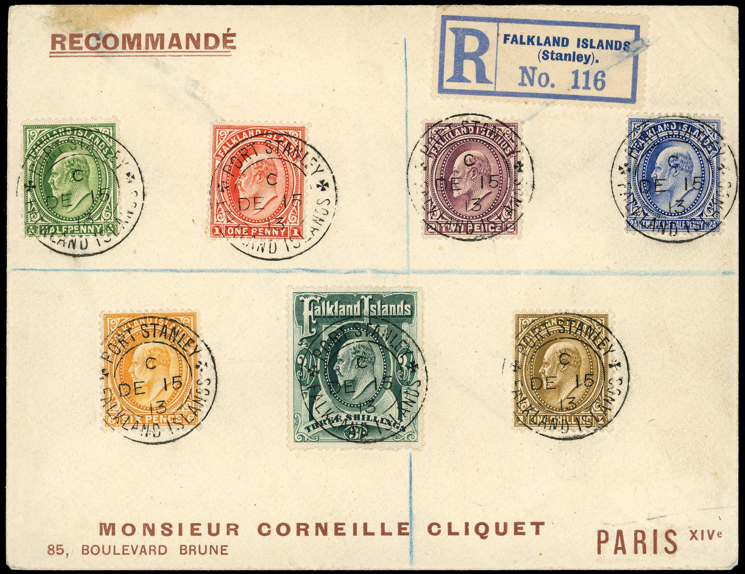 1904-12 ½d to 3s on printed registered cover...