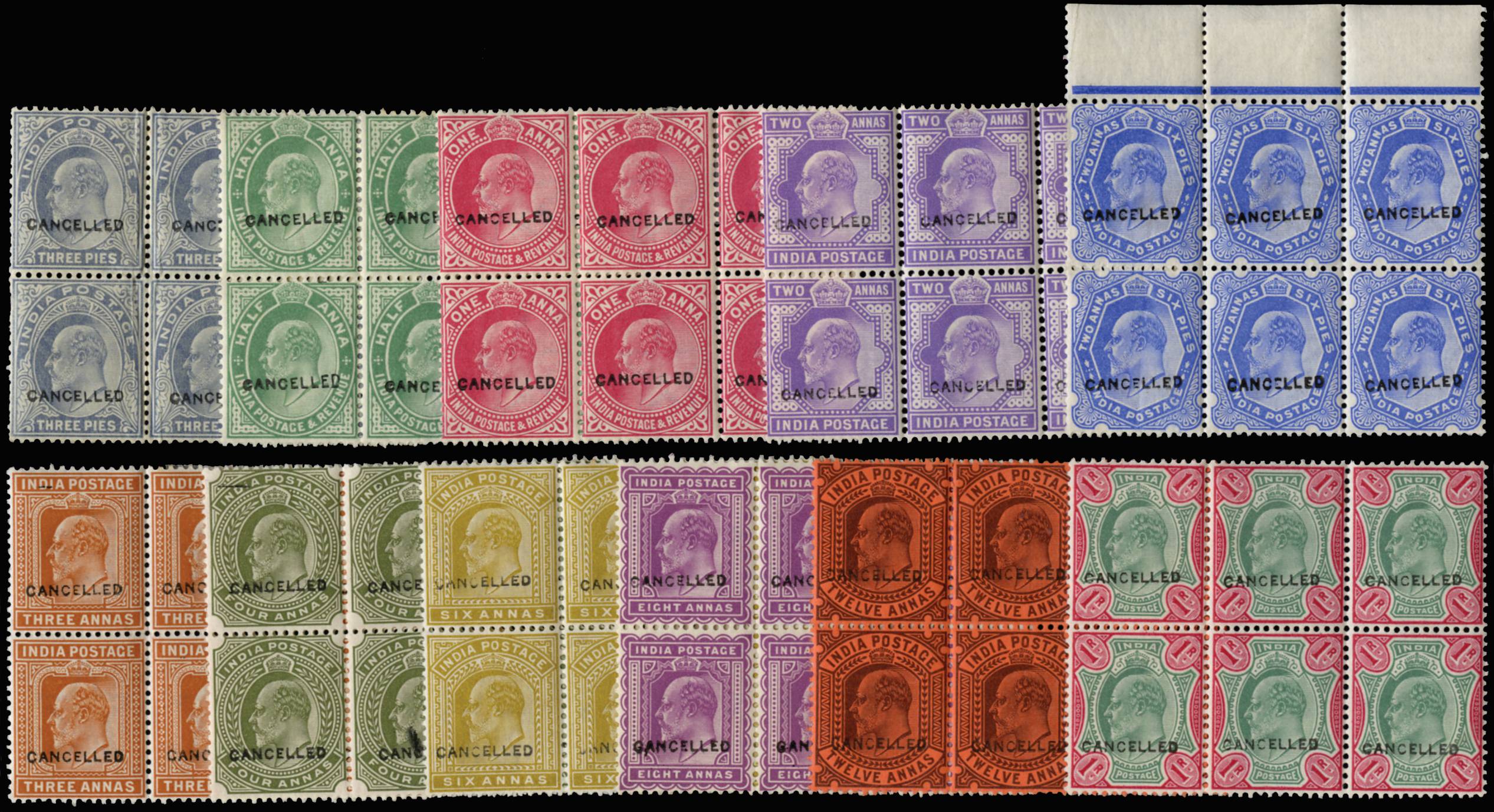 INDIA SG 119/36 1902-07 3p TO 1r OPT CANCELLED BLOCKS OF 6