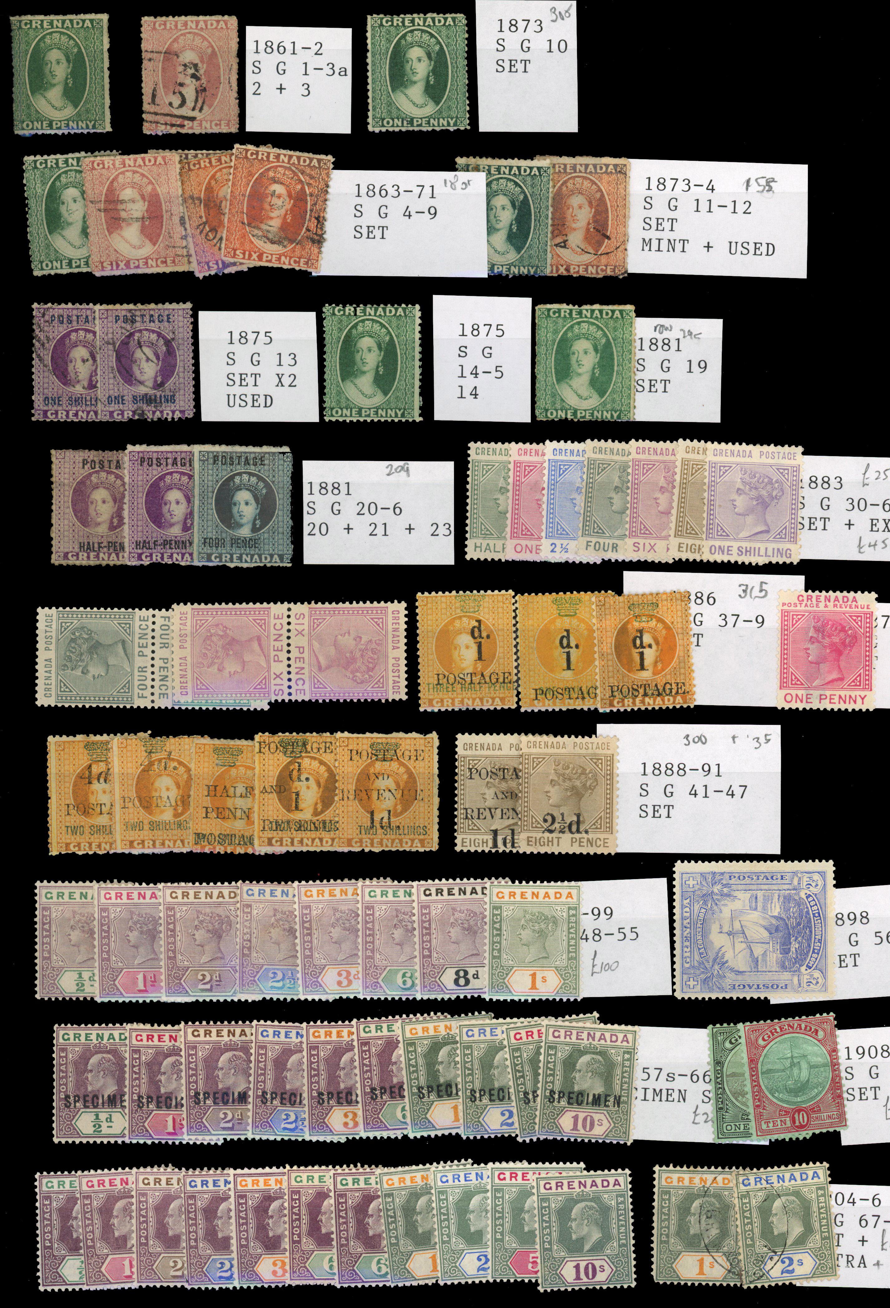 GRENADA: Mainly mint on stock cards including 1861 1d, 1873 1d, 1881 4d, 1883 to 1s, 1886 1d on 1½d, 1888-91 to 2½d on