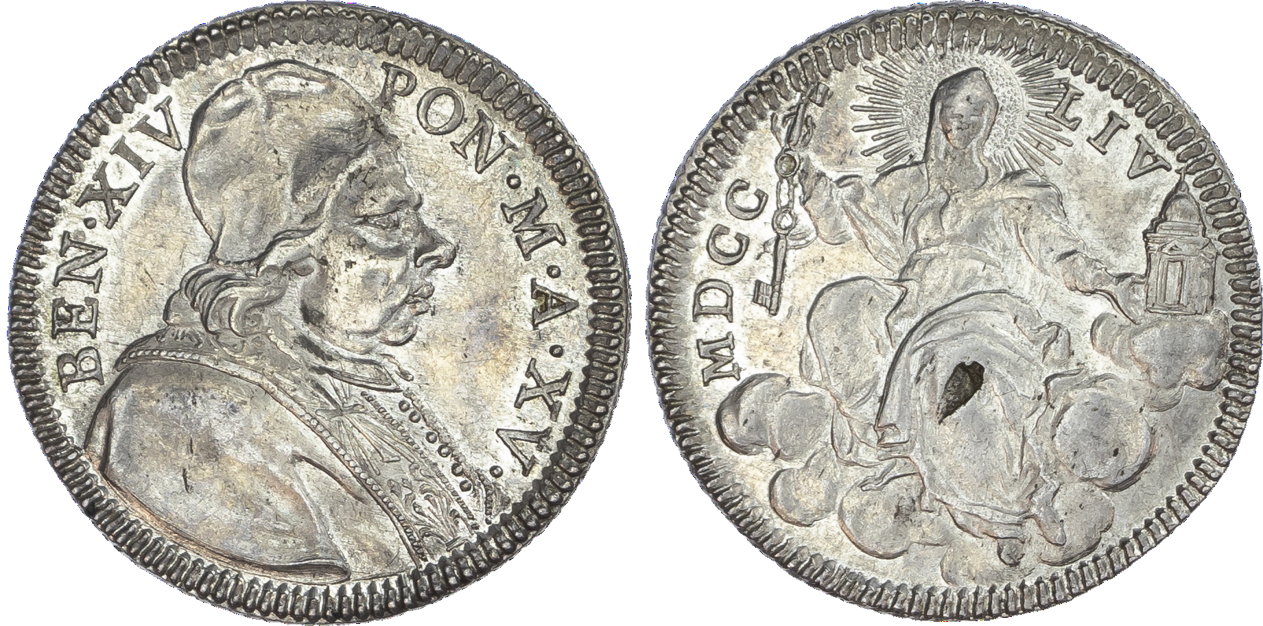 Italy, Papal States, Benedict XIV (1740‑1758), silver Quinto di Scudo, 1754, 5.27g.