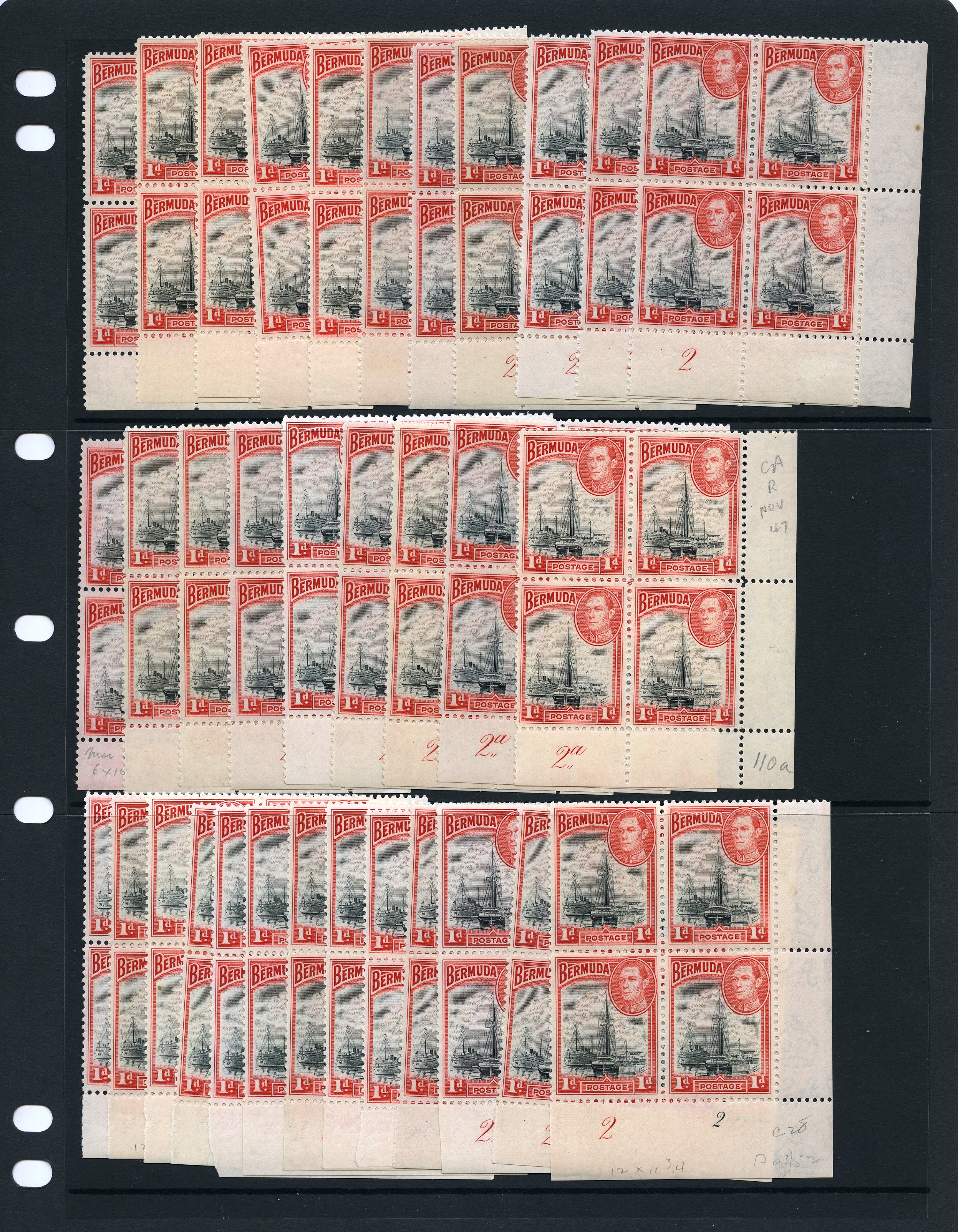 Bermuda 1938-52 1d black and red Plate block collection
