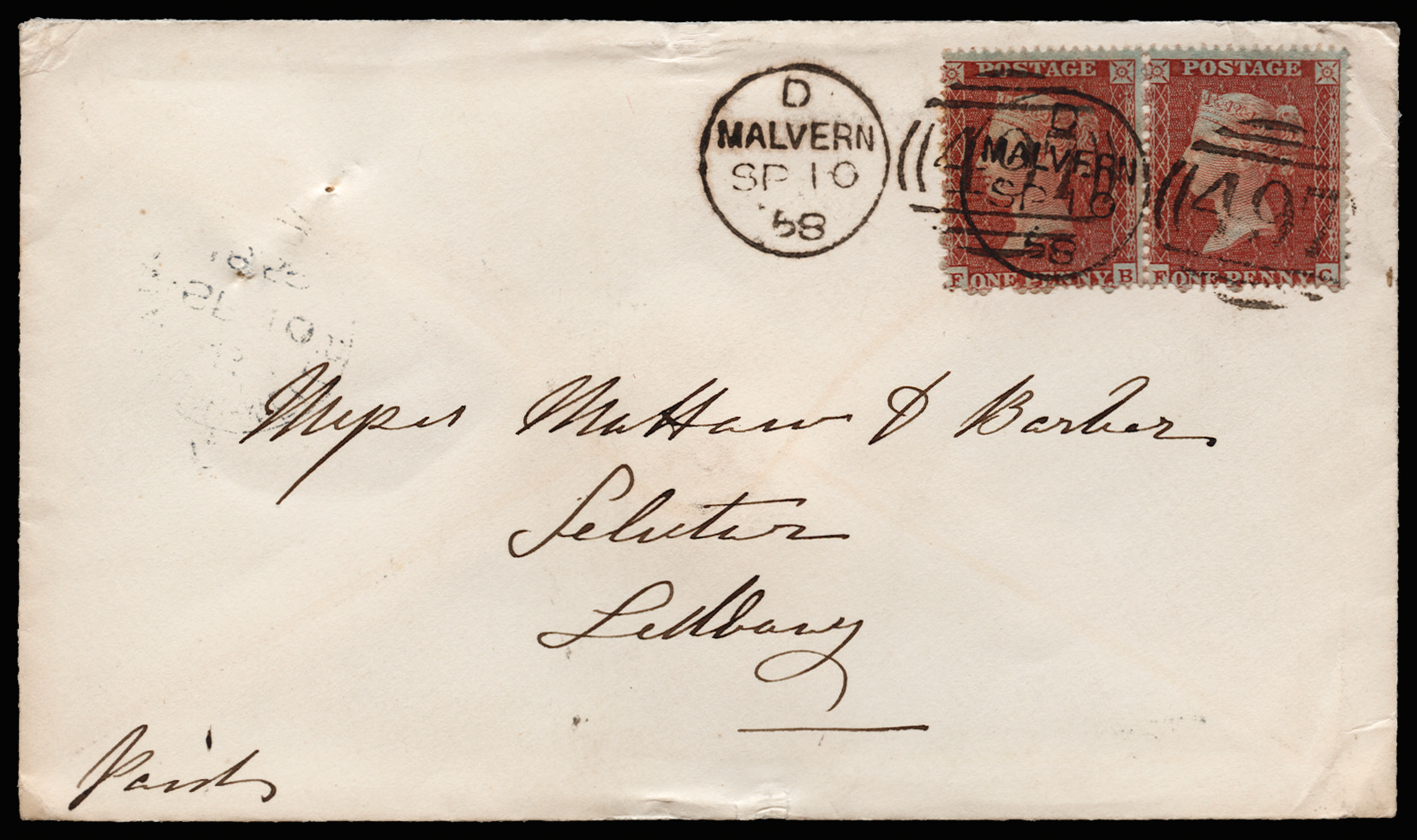 SG26 1855 1d Red brown Pl.2 Malvern-Ledbury