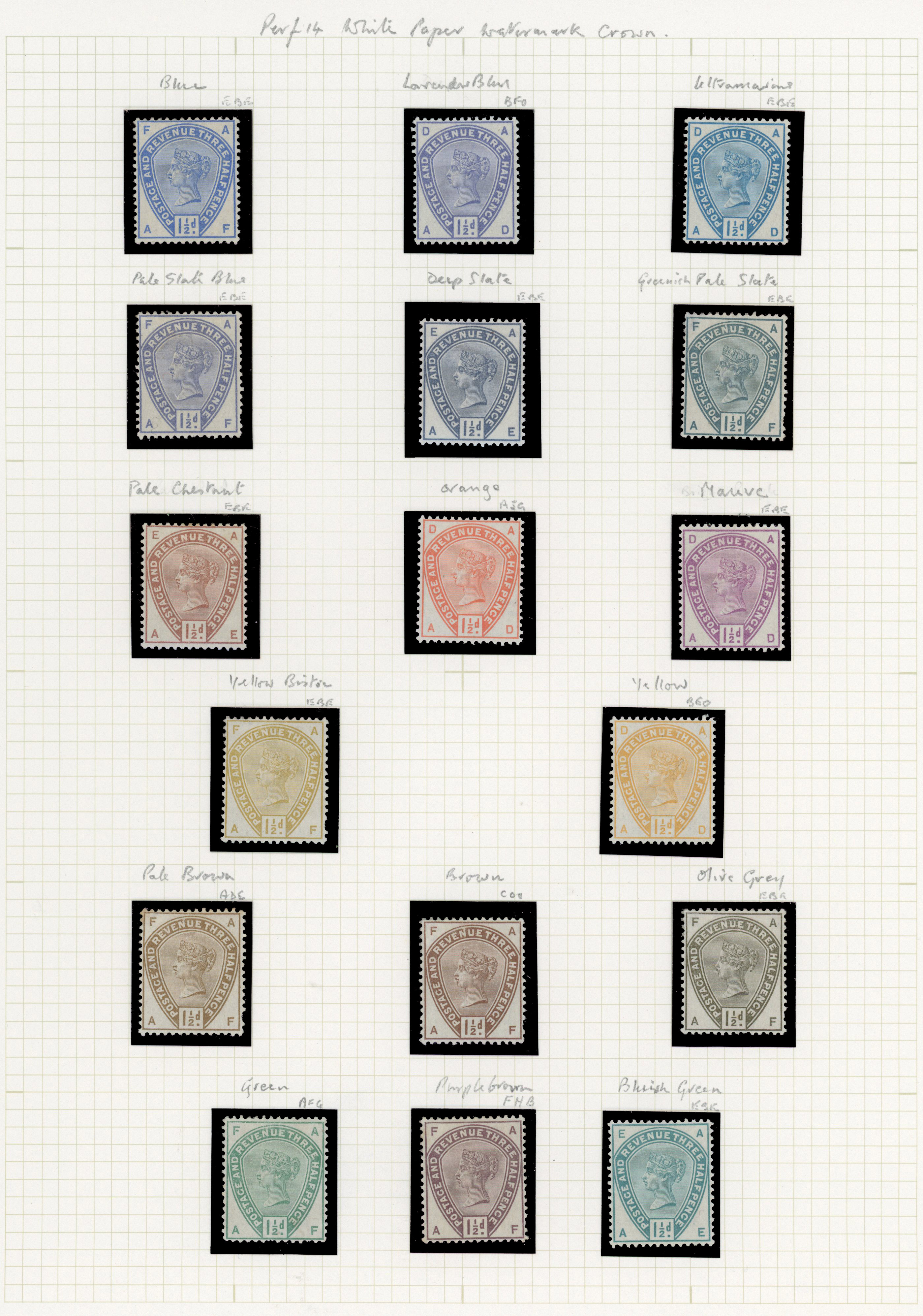 1883-84 1½d Colour trials, a group of seventeen, perforated 14 on white crown watermarked
