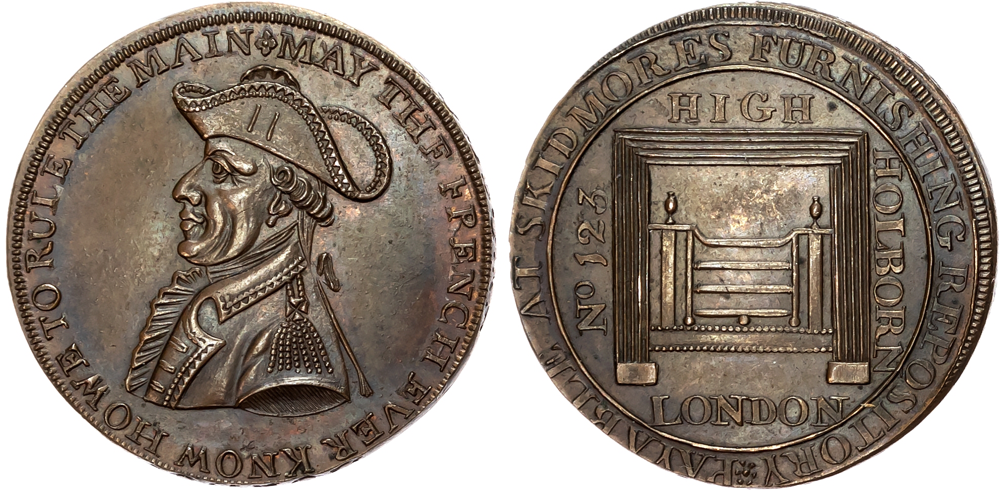 London , High Holborn, Skidmore’s mule (specious token Emsworth) Halfpenny, Register Stove, rev. Bust of Adm. Earl Howe, …