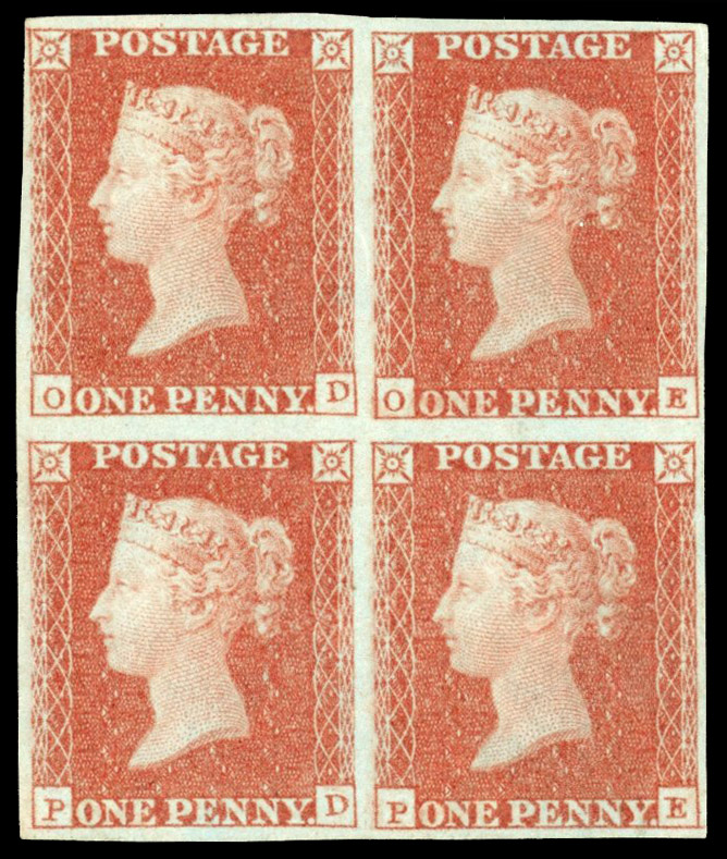 SG 8a 1841 1d red-brown on very blued paper, Plate 101 block mint