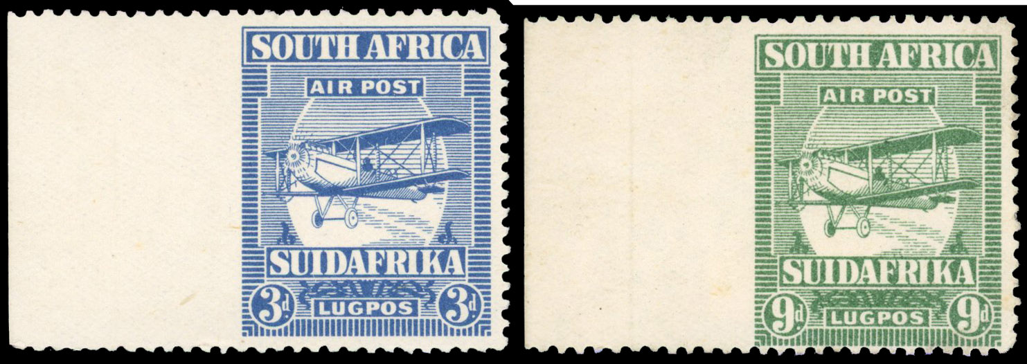 South Africa 1925 Air 3d ultramarine, 9d green imperf between stamp and margin