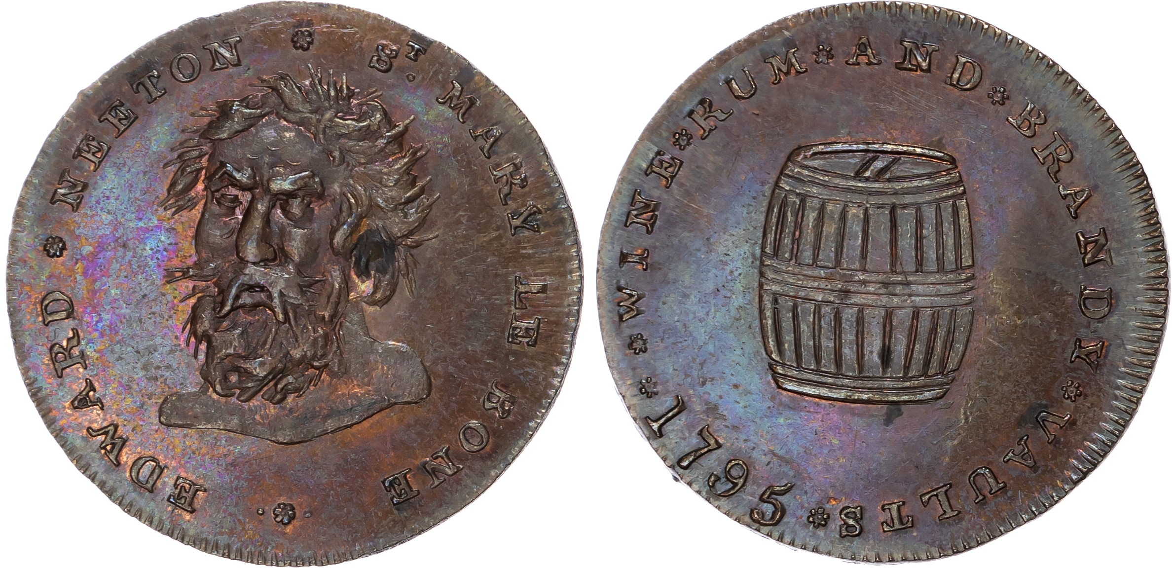 London, Lisson Green , Edward Neeton (publican of the ’Brazen Head’) Halfpenny 1795, Wildman head, rev. brandy…