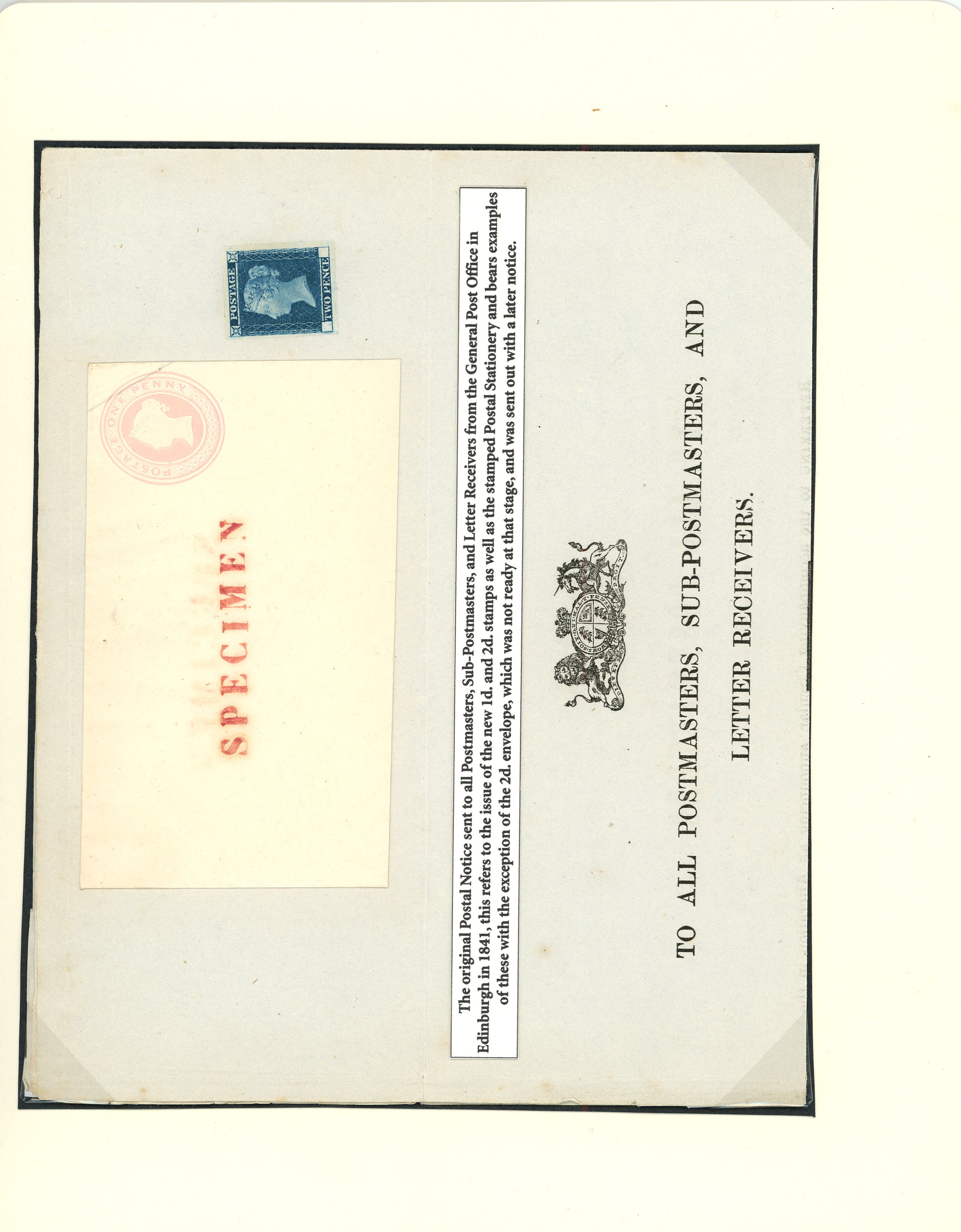 1841 Postal Notice referring to the issue of the new 1d and 2d stamps and 1d pink stationery...