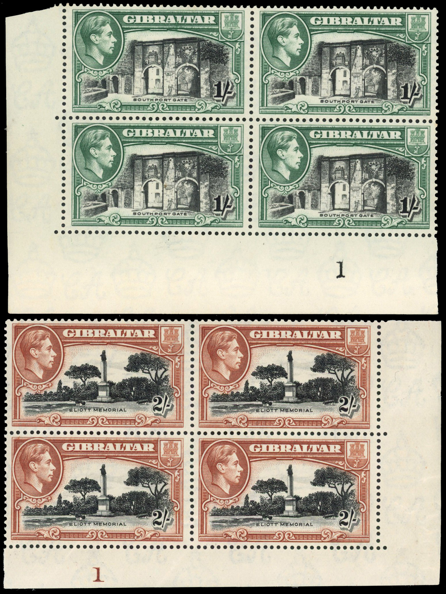 Gibraltar SG 127a, 128a Plate blocks mint
