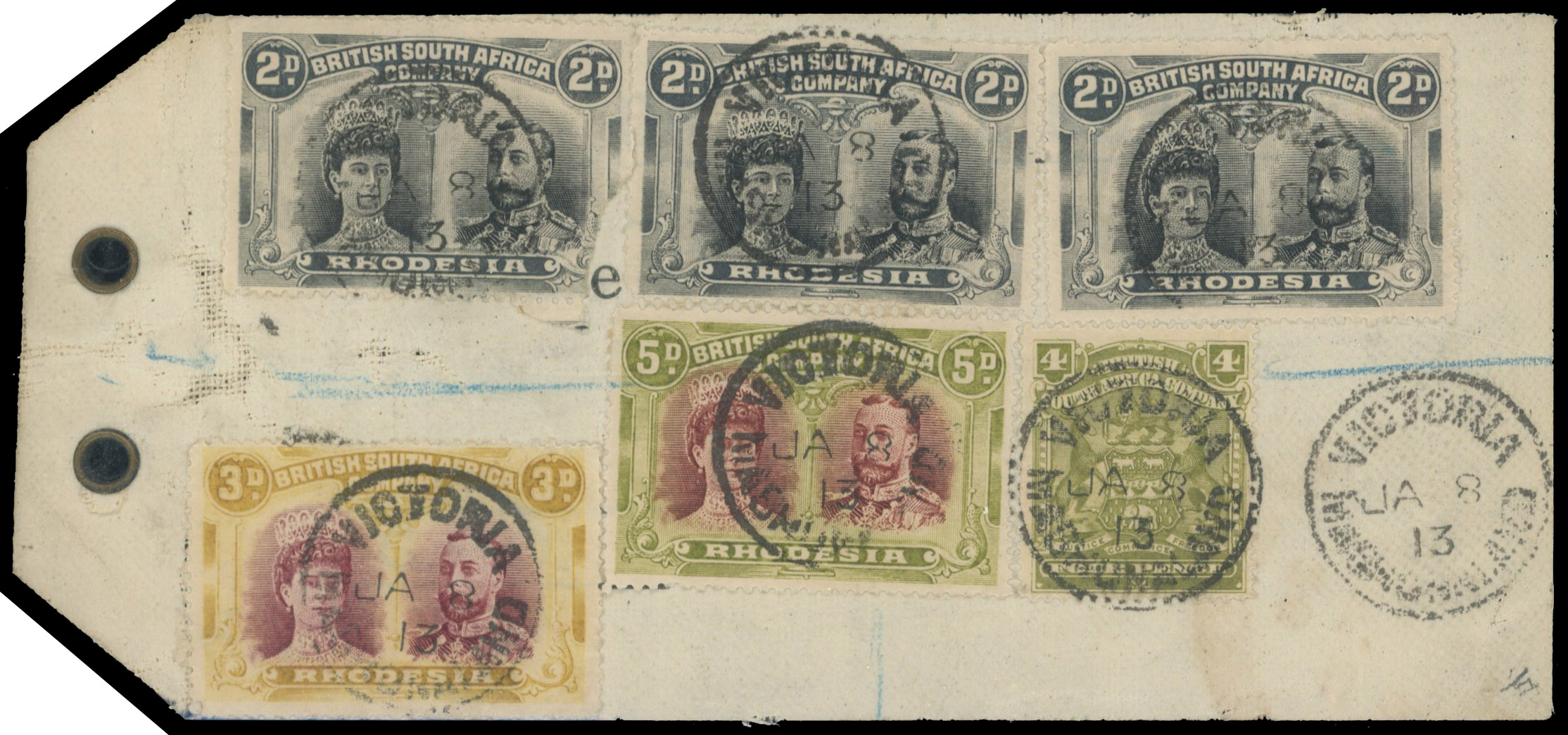 5d lake-brown and green SG 143a used on parcel tag